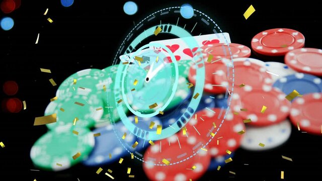 Animation of confetti, clock, scope scanning with playing chips