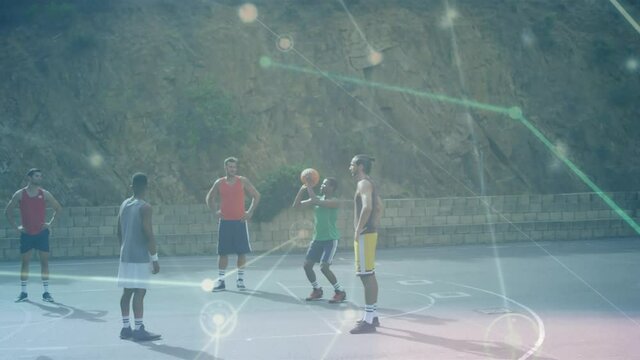 Animation of network of connections over basketball match outdoors