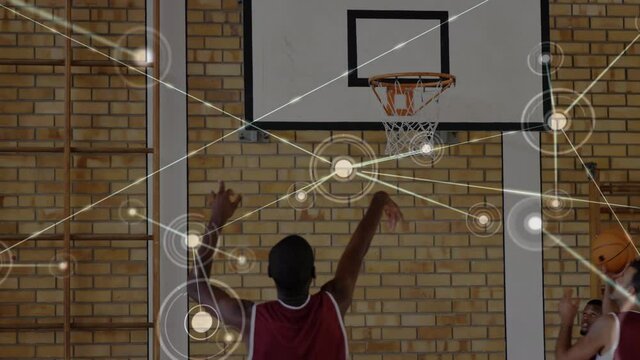 Animation of network of connections over basketball match in gym