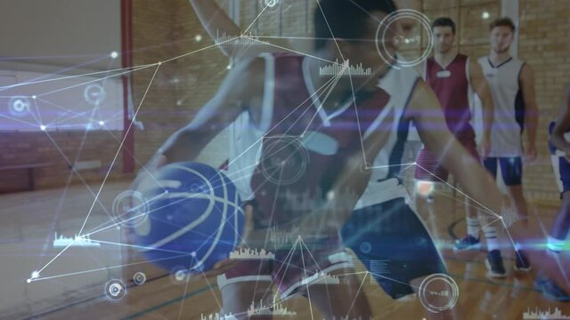 Animation of network of connections over basketball players in gym