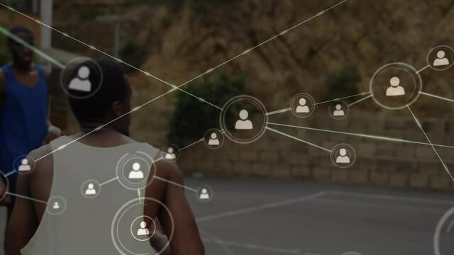 Animation of network of connections over basketball players outdoors