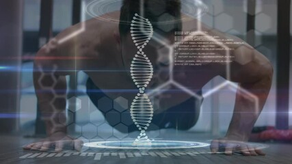 Animation of dna strand over muscular man exercising - Powered by Adobe