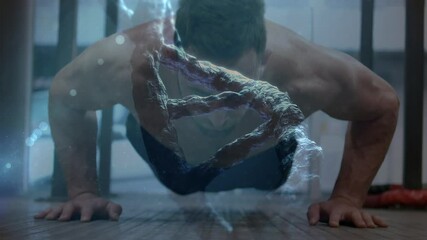 Animation of dna strand over muscular man exercising - Powered by Adobe