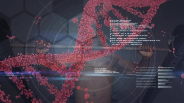 Animation of dna strand over muscular man exercising in gym