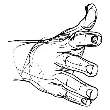 recommend clip art: Front view of a human hand with open fingers in reaching forward handshake gesture. Hand drawn linear doodle rough sketch. Black silhouette on white background.