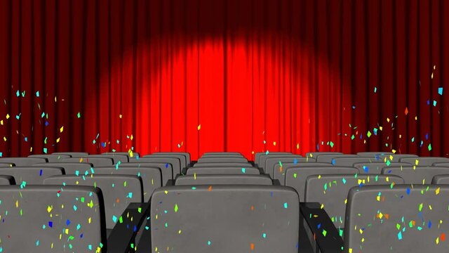 Animation of confetti falling and red curtains open in cinema