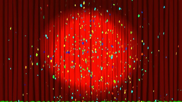 Animation of confetti falling and red curtains open in cinema with greenscreen