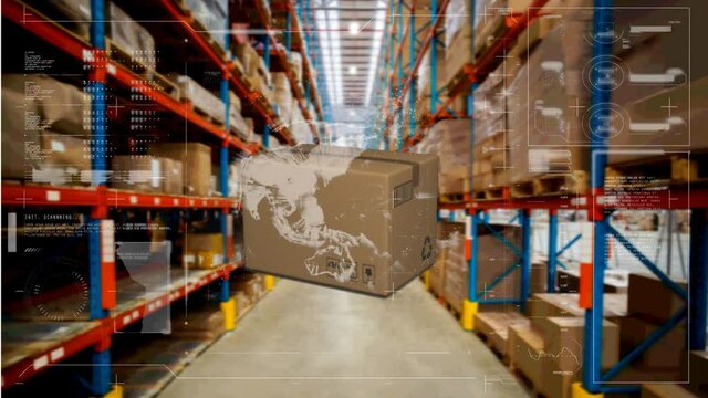 Animation of data processing and globe spinning over cardboard box in warehouse