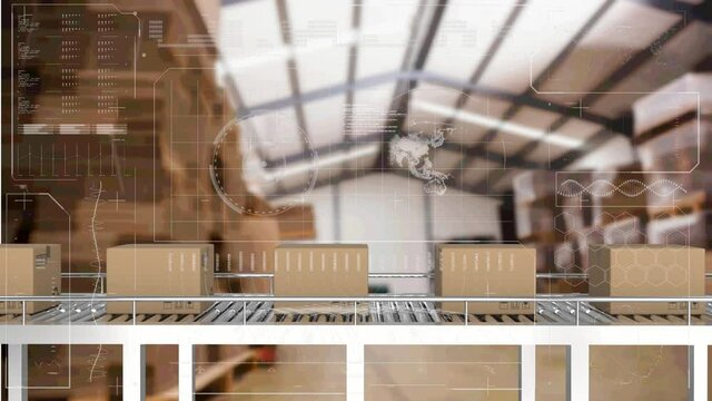 Animation of data processing over cardboard boxes on conveyor belt in warehouse