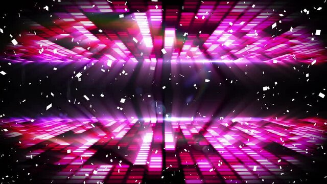Animation of confetti falling over glowing pink music equalizer
