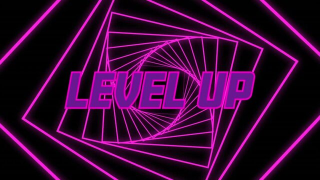 Animation of level up text in purple letters over pink neon abstract spiral tunnel