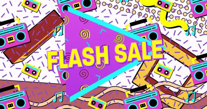 Animation of flash sale text in yellow letters over brightly coloured retro cassette players pattern