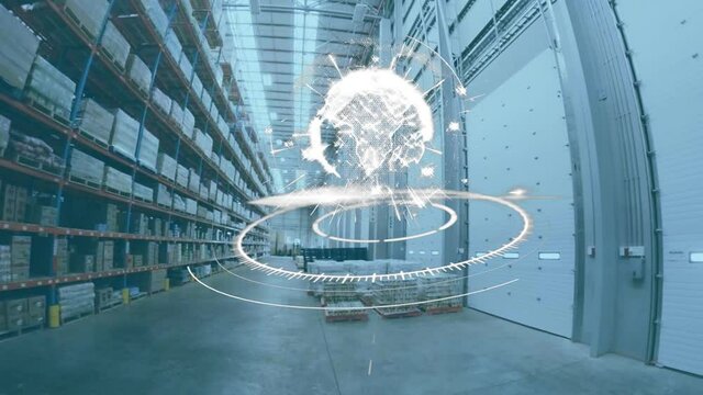 Animation of scope scanning and globe over warehouse