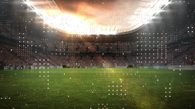 Digital animation of multiple dots moving against sports stadium in background