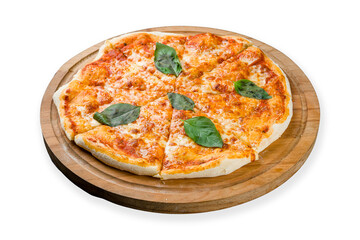 Italian pizza Margherita with basil on wooden board isolated on white