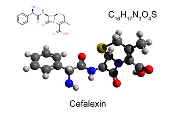 Chemical formula, structural formula and 3D ball-and-stick model of antibiotic cefalexin, white background