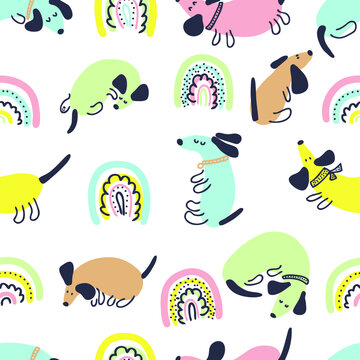 Multicolor summer seamless pattern of dachshunds and rainbows. Perfect for scrapbooking, greeting card, poster, textile and prints. Doodle vector illustration for decor and design.
