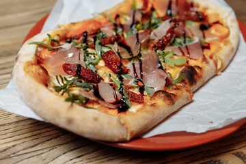 Pizza on wooden table top view. Fast food. Post blog social media. with copy space. Pizza ready to eat