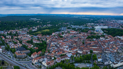 Fototapeta na wymiar Aerial view of the city Erlangen in Germany, on a cloudy morning in spring.
