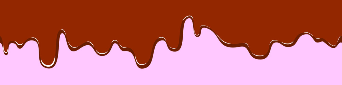 Dripping sweet brown chocolate. Seamless vector pattern of drips of chocolate on a pink background. For printing on a pastry printer.
