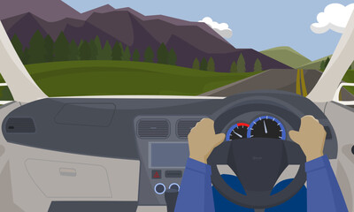 right hand pov driving in the mountain vector illustration - obrazy, fototapety, plakaty