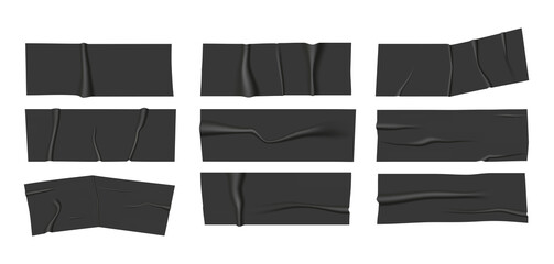 Realistic wrinkled black adhesive tape. Vector scotch pieces.