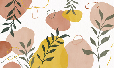 Watercolor art background. Paint brush wallpaper design with leaves. Seamless watercolor Illustration for prints, wall art, cover and invitation cards.