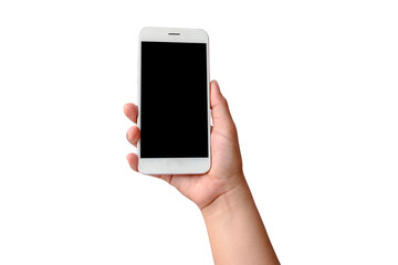 The hand is holding the white screen, the mobile phone is isolated on a white background with the clipping path.