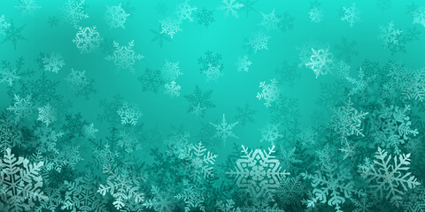 Fototapeta na wymiar Background of complex Christmas snowflakes in turquoise colors. Winter illustration with falling snow