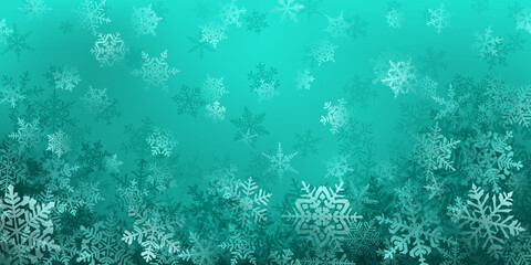 Background of complex Christmas snowflakes in turquoise colors. Winter illustration with falling snow