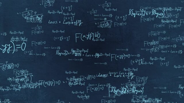 4K 3D mathematical geometrical figures, plots and equations flying loop Animation. handwritten on Blue blackboard Background. back to school education concept