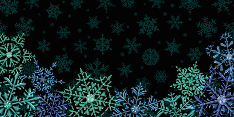 Fototapeta na wymiar Illustration of big complex translucent Christmas snowflakes in turquoise, light and dark blue colors, located below, on background with falling snow. Transparency only in vector format