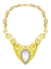 Jewelry design art vintage set with diamond gold necklace. Hand drawing and painting on paper.