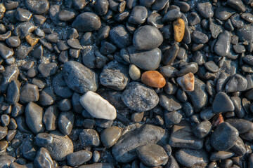 Smooth rounded wet stones and pebbles on a seaside beach, daytime, nobody