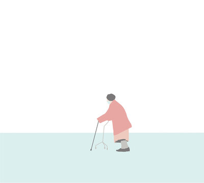 Elderly Women With Face Mask Using A Walker On The Street. Vector Illustration In A Flat Style. Disease And Illness Protection. Surgical Masks For Coronavirus Prevention. Sick Elderly Patient.