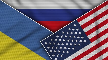 Russia United States of America Ukraine Flags Together Fabric Texture Effect Illustration