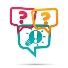 vector speech bubbles with colored question marks and with green light bulb symbolizing idea or solution