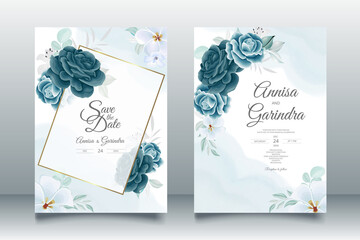   Romantic Wedding invitation card template set with beautiful  floral leaves Premium Vector