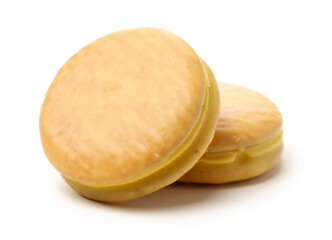 Banana filled pie on white background