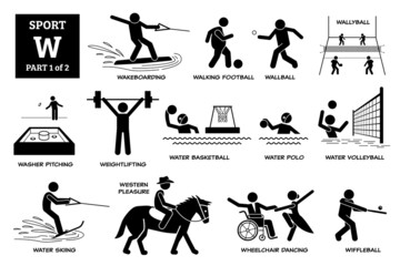 Sport games alphabet W vector icons pictogram. Wakeboarding, walking football, wallyball, washer pitching, water basketball, polo, volleyball, skiing, western pleasure, wheelchair dance, wiffleball.