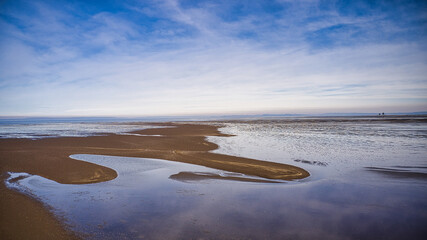Marea baja carretera Austral de Chile, mucha arena, aves marinas y cordillera de los Andes.