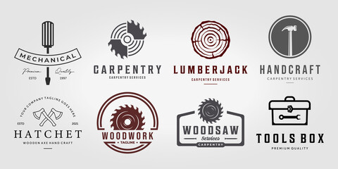 Set Bundle Collection Carpentry Vector Logo, Pack Design Illustration Carpenter Vintage Line Art, Hammer Saw Wooden Concept