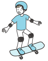 スケートボードをするプロテクターとヘルメットを着けた笑顔の子供のベクターイラスト素材／選手／スケボー