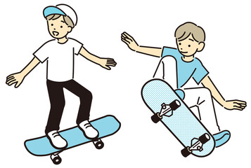 スケートボードをする笑顔の子供のベクターイラスト素材／選手／スケボー