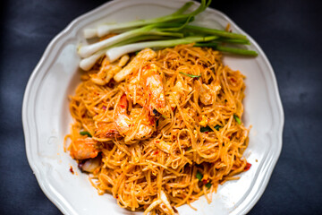 Food background, menu (spicy stir-fried shrimp) appetizing colors with steamed rice, delicious taste