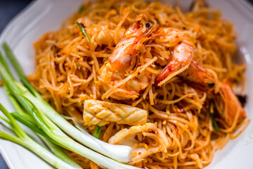 Food background, menu (spicy stir-fried shrimp) appetizing colors with steamed rice, delicious taste