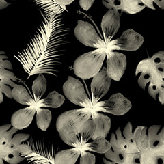 Gray Seamless Hibiscus. White Pattern Exotic. Black Tropical Texture. Monstera Leaves. Spring Exotic. Decoration Painting. Wallpaper Palm. Watercolor Palm.