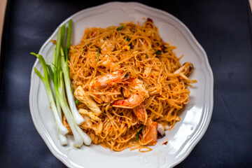 Food background, menu (spicy stir-fried shrimp) appetizing colors with steamed rice, delicious taste
