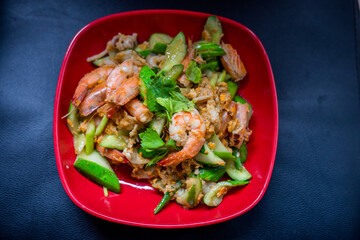 Food background, menu (spicy stir-fried shrimp) appetizing colors with steamed rice, delicious taste