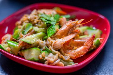 Food background, menu (spicy stir-fried shrimp) appetizing colors with steamed rice, delicious taste